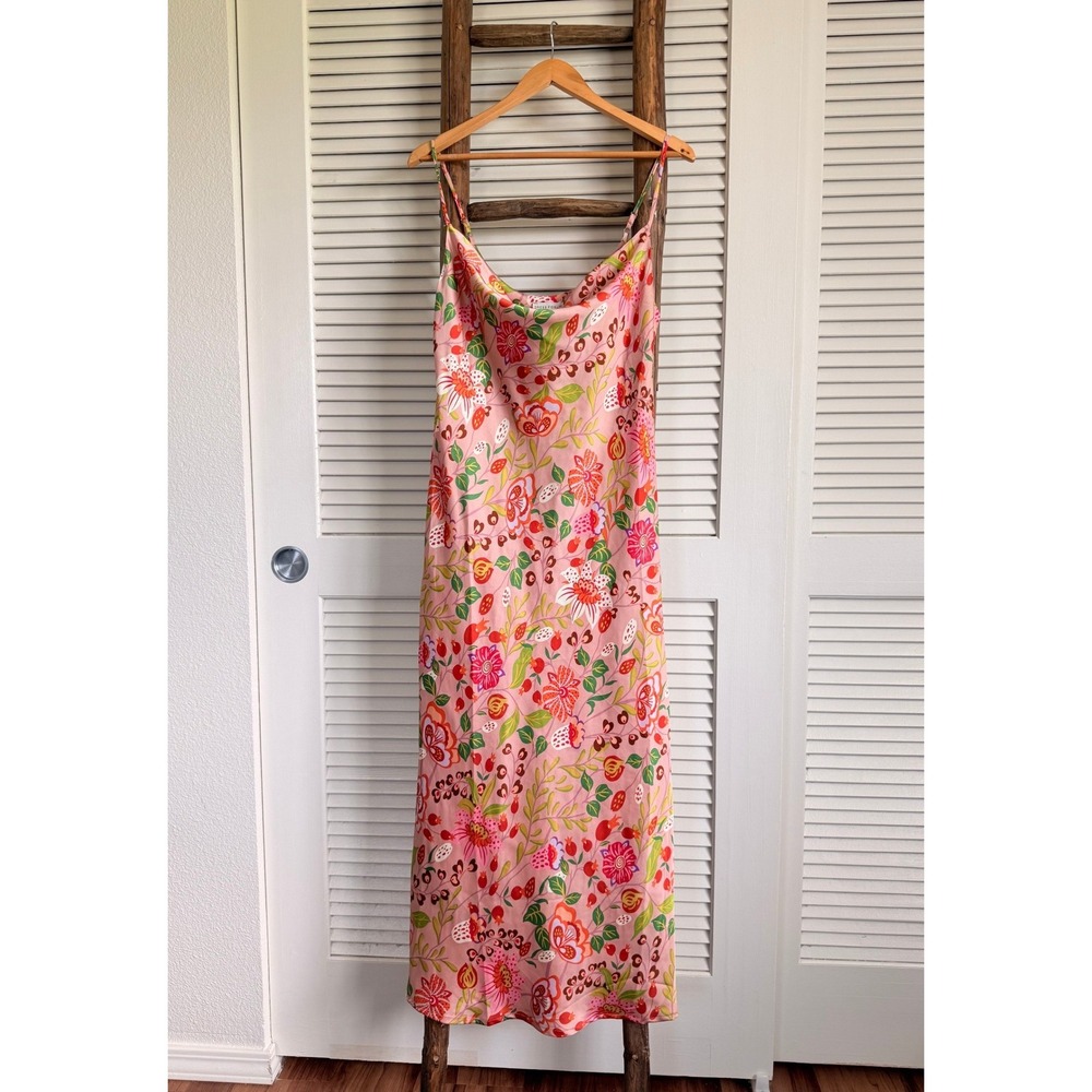 Dress Forum Midi Slip Dress L‎ Pink Floral Cowl Neck Satin Botanical Print NWT